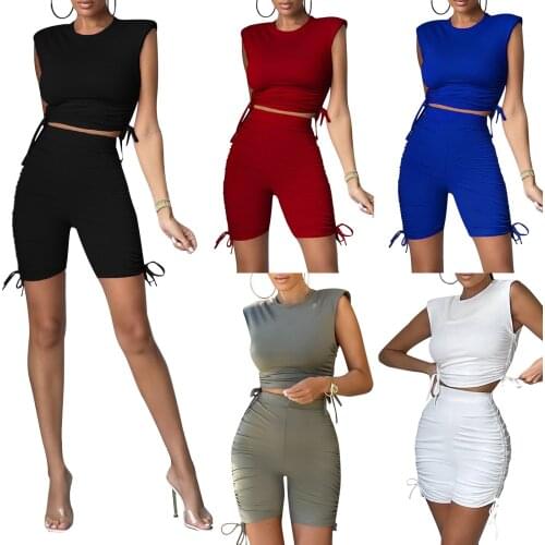 2 Piece Set Women Summer O-Neck Casual Sleeveless T-shirts Crop Tops+Shorts 2021 Female Drawstring Clothing Tracksuits Sets