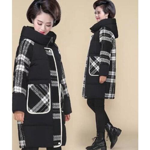 Fashion Lattice Loose Hooded Coat Women Cotton Jacket Winter Thick Down Padded 2020 New Warm Long Sections Overcoat High Quality
