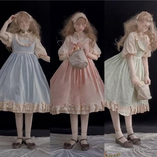 Lolita Fairy Dress Women Lolita Lace Plaid Bow Puff Sleeve Op Dress Loli Multicolor Short Sleeve Kawai Dress Sweet Lolita SL2950