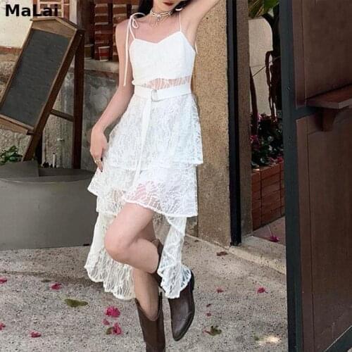 Beach Korean Fashion Office Lady Chic 2021 Summer Bandage Design White Elegant Strap Dress Women Sleeveless Vintage Sexy Dress