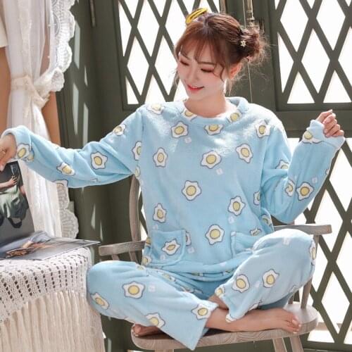 Winter cute sleeve cartoon lady thin flange home wear suit can wear student pajamas