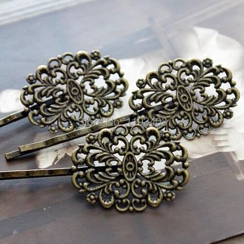 100PCS vintage Antique Bronze hairpins cameo setting flower cabochon base hair accessories jewelry DIY Findings( PINSS-16)