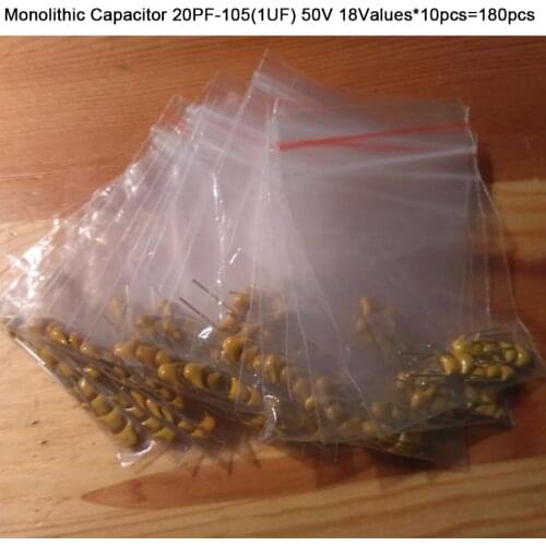 20PF ~ 105 1UF Mono Monolithic Ceramic capacitor kit 18values* 10pcs=180pcs electronic kit High Voltage