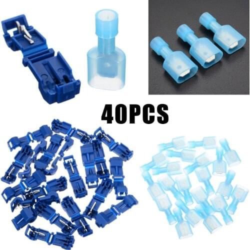 40pcs Blue T Tap Insulated Quick Splice Wire Terminal Spade Crimp Connector Combo Set 2.5-4.0mm2 AWG 16-14