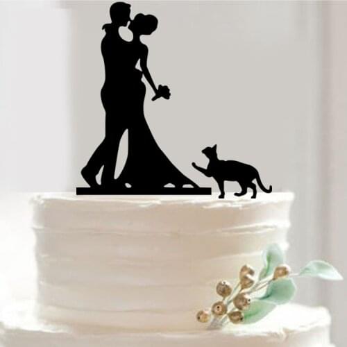Free Shipping Bride and Groom Cake Topper Acrylic Silhouette Wedding Cake Topper Wedding Cake Topper Cake Decor with Pet Cat