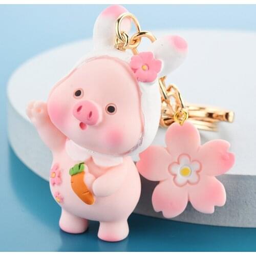 Cute Sakura Piggy Keychain Cartoon Carrot Flower Toy Pig Keyring for Women Couple Backpack Pendant Car Charm Key Chains Gifts