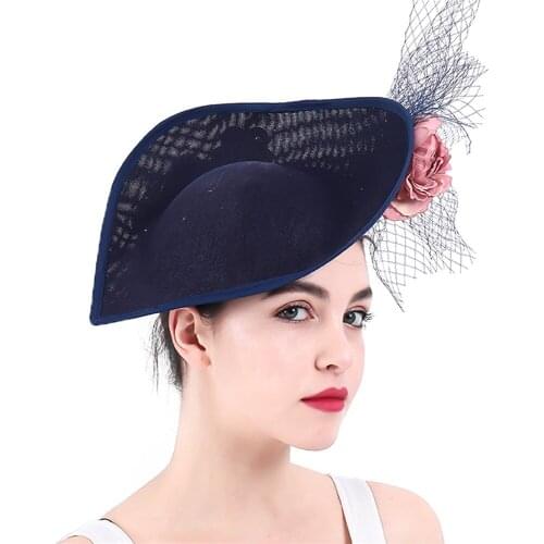Ladies Flower Imitation Sinamay Hat Bridal Navy derby Pillbox Hats With Veils For Women Fashion Wedding Dress Accessories SYF258