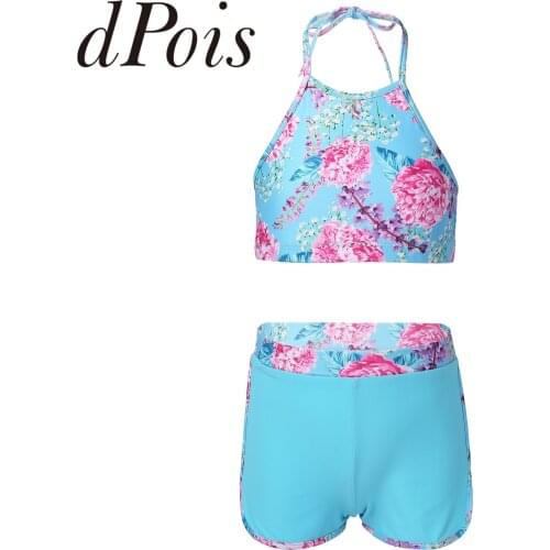 2Pcs Kids Swimwear Girls Swimsuits Two Pieces Bathing Suit Summer Crop Top Shorts Childrens Yoga Set Sportswear Tracksuits