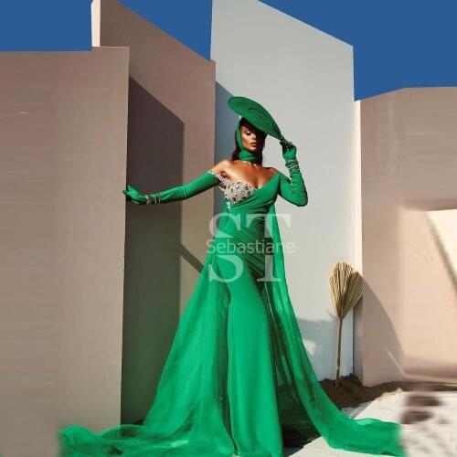 Elegant Green Evening Dresses Long Sleeves Beaded CrystalsFor Photogralhy Shoot Mermaid Prom Dress Women Plus Size Long Gowns