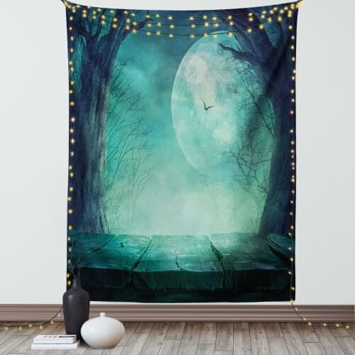 Halloween Tapestry Spooky Teal Forest Moon Holiday Satin Fabric Wall Hanging for Bedroom Living Room Dorm Meeting Background