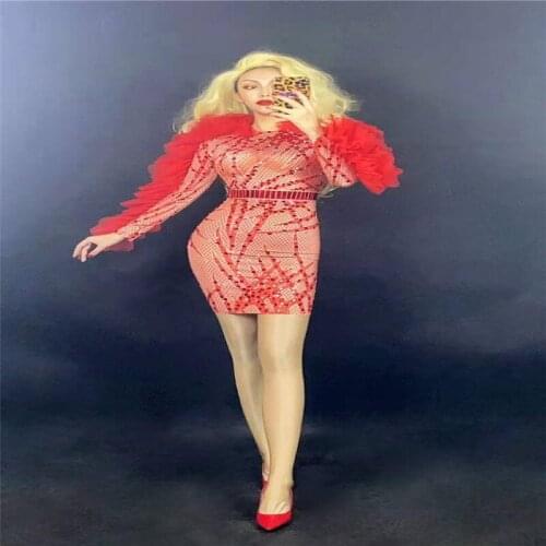 H120 Singer Dancer Tight Leotard Siamese Perspective Feathers Party Pearls Drilling Chain Diamond Sexy Elastic Stretched Grid Dj