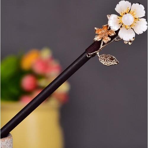 Classical Simple Ancient Wooden Hair Stick Natural Elegant Shell Coloured Glaze Hair Jewelry Retro Exquisite Headwear