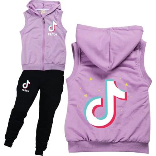 TIK TOK Spring Fall Childrens Clothing Collection Baby Cartoon Hooded Vest + Pantsuit Childrens Clothing