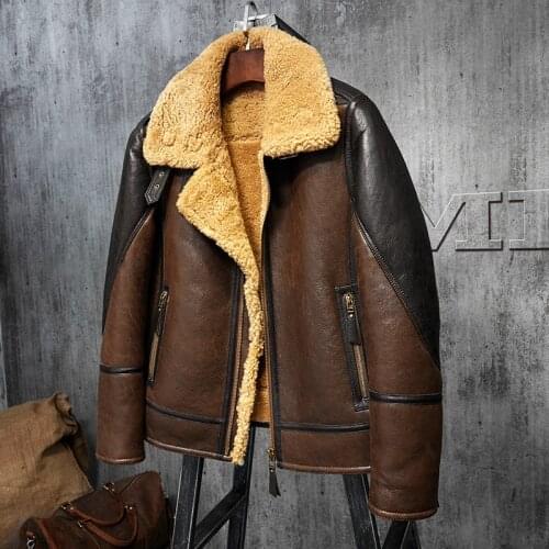 Denny&Dora Mens Shearling Leather Jacket Light Brown B3 Jacket Mens Fur Coat Aviation Original Flying Jacket