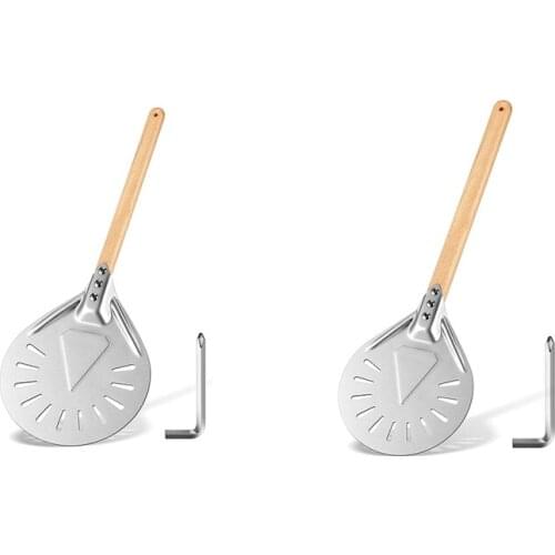 Turning Pizza Peel Perforated Aluminum Pizza Peel and Oval Shape Detachable Wooden Handle Pizza Paddle for Baking