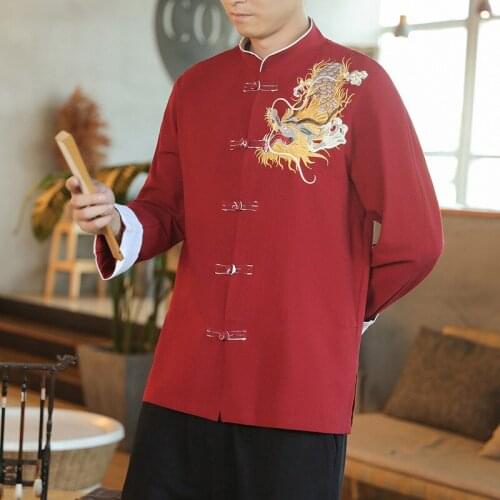 Chinese Dragon Hanfu Shirt Retro Embroidery Tang Suit Mandarin Collar Cheongsam Top Traditional Chinese Clothing for Men
