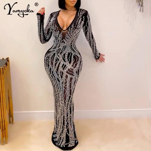 Sexy Black V neck See Through Rhinestone club summer Maxi dress women evening party dresses casual Long bodycon mesh dress 2021