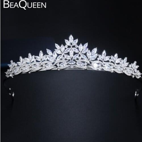 BeaQueen Gorgeous Leaf Wedding Jewelry Cubic Zirconia Crystal Brides Bridesmaids Tiara Crown Headband Hair Accessories H015