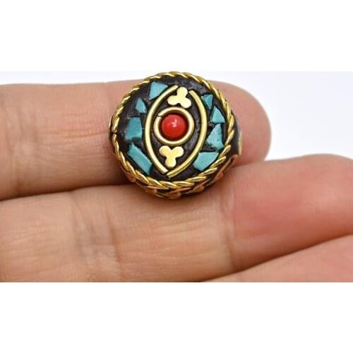 TZ-G01 Antique Nepal Handmade Buddhas eye Brass With Synthetic Coral And Turkey stone Bracelet DIY Bead For Necklace Making