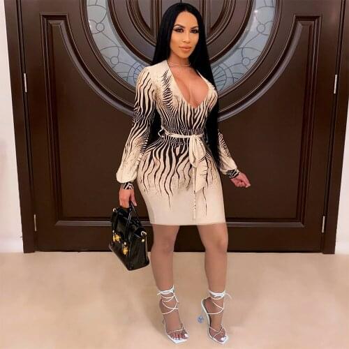 Party Dresses Women Fashion Sexy Long Sleeve Stripes Deep-V Neckline Print Tunic Midi Bandage Hollow Dress Womens Sheath Dress