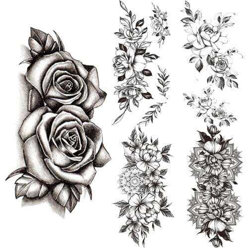 Big Black Rose Temporary Tattoos For Women Minimalist Mandala Flower Fake Tattoo Sticker Leaves Tatoo Sheet Art Abdomens Bloosom