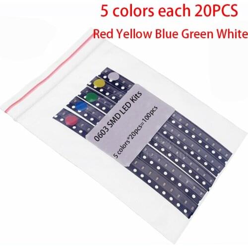 100PCS 0603 SMD LED Kits Red Yellow Blue Green White 5 colors each 20PCS electronic diy kit