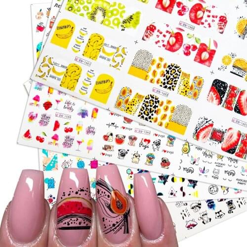 12pcs Summer Fruits Nail Sticker Water Decals With Inscriptions Sexy Girl Black White Tattoo Slider Nails Art Alphabet Design