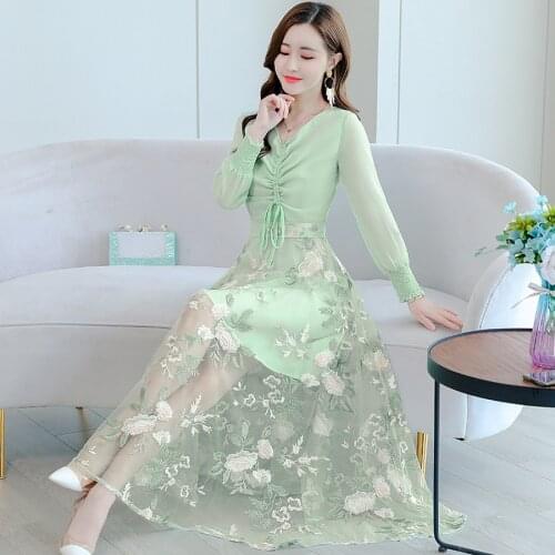 2021 Autumn Green Mesh Embroidery Chiffon Beach Maxi Dress Vintage 3XL Plus Size Long Sleeve Dress Elegant Women Bodycon Vestido
