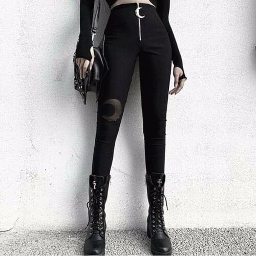 Women Punk Witchy Trousers Gothic Moon Skinny Crescent Zipper Leggings Pants
