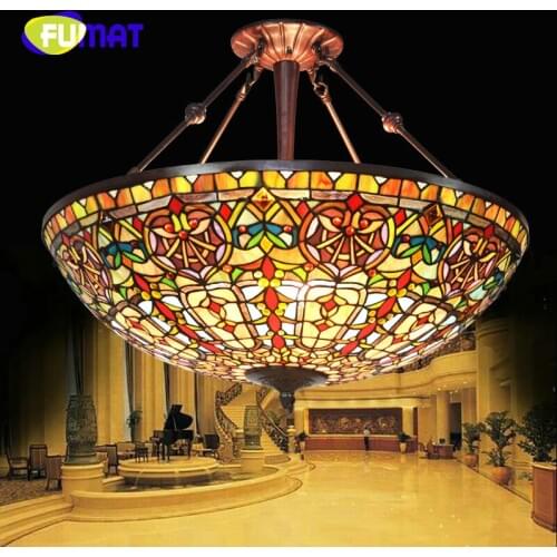 FUMAT Baroque European Retro Dining room Living room Tiffany Pendant Light Villa bar Hotel Lobby with Stained Glass