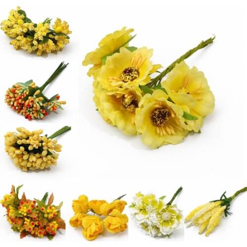 6-288pcs Yellow Bouquet Peony Artificial Flowers For Wedding Decoration Scrapbooking Fake Flower Bouquet Home Wreaths Gift Decor