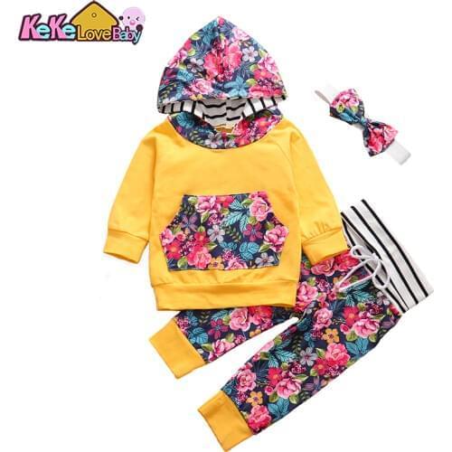 3Pcs Autumn Baby Girl Clothes Set Newborn Infant Outfit Fashion Hoodie Floral Pants Headband Pullover New Born Clothing Set Vest