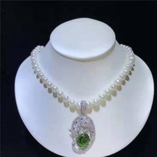 1/2rows Freshwater pearl white near round necklace 7-8/9-10mm red/blue/green leopard pendant necklace nature beads