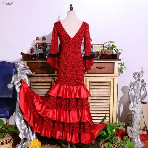 Original Spanish Practice Show Flamengo Best-Selling V-Neck Lace Dress DTT32