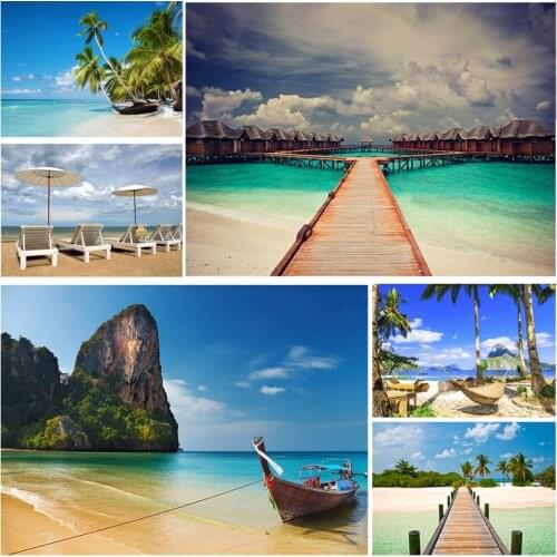 Summer Tropical Sea Beach Palms Tree Photography Background Natural Scenic Photo Backdrops Photo Studio Props 2133 HHB-06