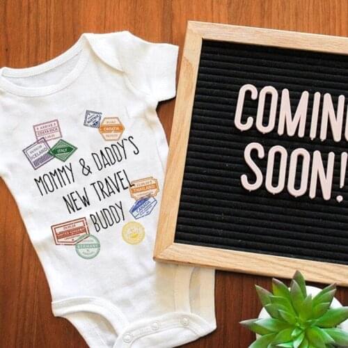Mommy and Daddys New Travel Buddy Baby Bodysuit Baby Shower Gift Traveller Passport Stamps Newborn Gift Baby Girls Boys Clothes