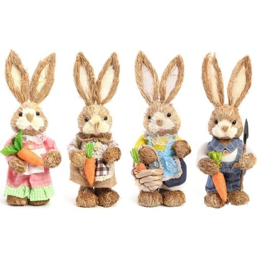 Fashion Straw Rabbit Ornament 12 inch Standing Bunny with Carrot Handmade Figurine for Easter Home Decorations Statue Gifts#38