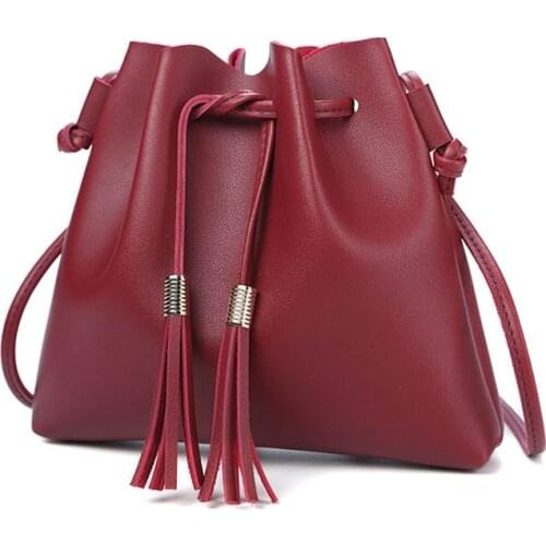 Fashion String Bucket Bag for Women PU Leather Small Handbag Female Tassel Purse Shoulder Crossbody Bags Sac Main Femme