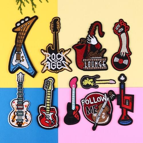 Fashion Metal Music Instrument Patches for T-shirt Iron on Stripes Vintage Guitar Appliques Clothes Stickers Clothing Badges