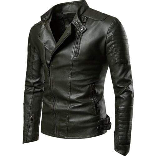 New British Style Mens Leather Jackets and Coats Oblique Zippers Slim Fit Motorcycle Jacket Male Autumn Fleece Punk Coat