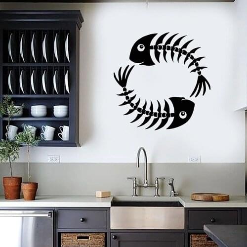 Wall Decal Fishing Two Fish Skeleton Marine Food Seafood Restaurant Kitchen Interior Decor Vinyl Window Stickers Art Mural Q314