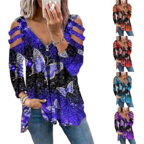 2021 Autumn and Winter New Fashion Plus Size Womens Clothing V-Neck Butterfly Print Zipper Long Sleeved Pullover T-Shirt Top