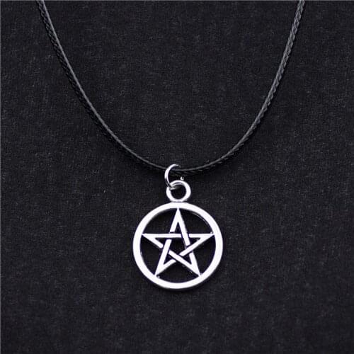 New Punk Vintage Antique Silver Color Pentacle Pendant Leather Cord Necklace for Women Men Amulet Wiccan Pentagram Jewelry Gifts