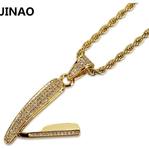 JINAO Hip Hop Rock Micro Pave Cubic Zircon Razor Necklaces & Pendant Three Chains 24 Inch Length Gold Color Necklace Jewelry