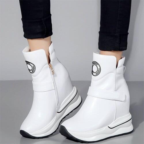 Casual Shoes Women Genuine Leather Wedges High Heel Ankle Boots Female High Top Round Toe Fashion Sneakers Platform Pumps Shoes