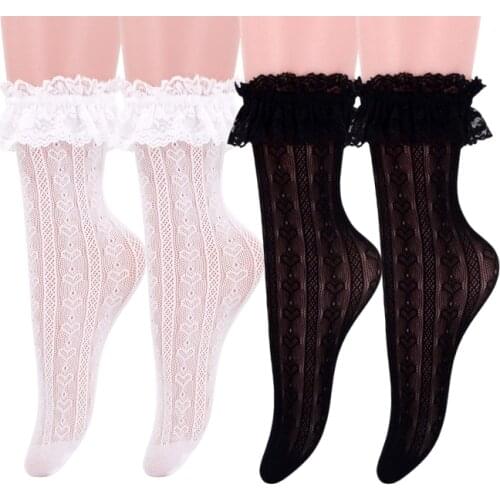 RMSWEETYIL 2Pairs Lace Ruffle Frilly Socks For Women Lolita Sexy Sheer Mesh White Black Transparent Fishnet Ladies Ankle Sock