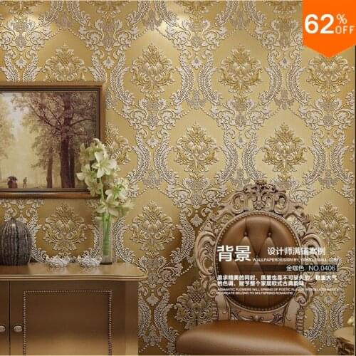 2017 Luxury Euro Hotel Wall Papers Wall Damask Wallpaper Golden Floral carving 3D velvet Wallpaper for Living Room Wall covering