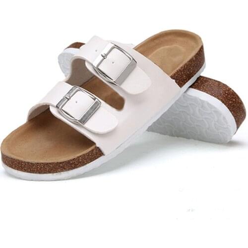 Summer Women Cork Sandals Casual Beach Double Buckle Strap Slides Shoe Outside Nubuck Leather Slip On Slides Male Couple Shoes