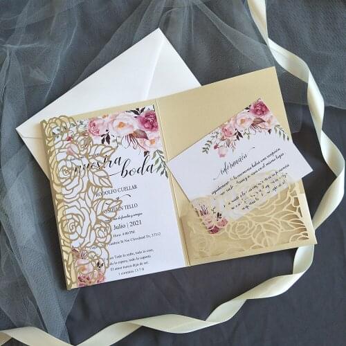 50X Plum Rose Wedding Party Invitations With Personalized Print DIY Champagne Pearl Shiny Trifold Pocket Marriage Invites