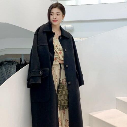 Korean Fashion Womens Loose Casual Temperament Lapel Single-breasted Double-sided Cashmere Blend Mid-length Coat With Pocket